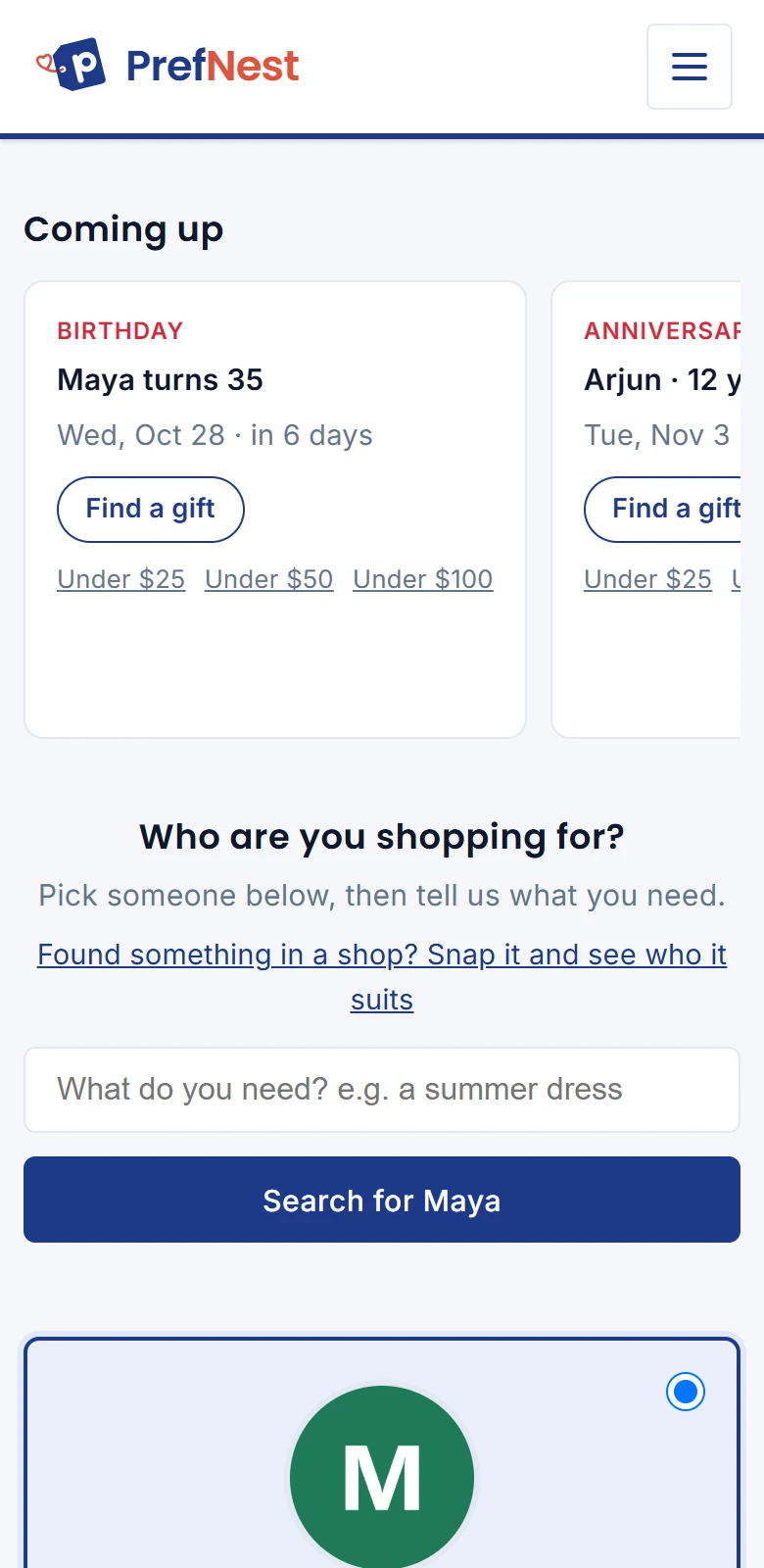 The PrefNest dashboard on a phone: Maya's birthday and an anniversary coming up, with gift ideas